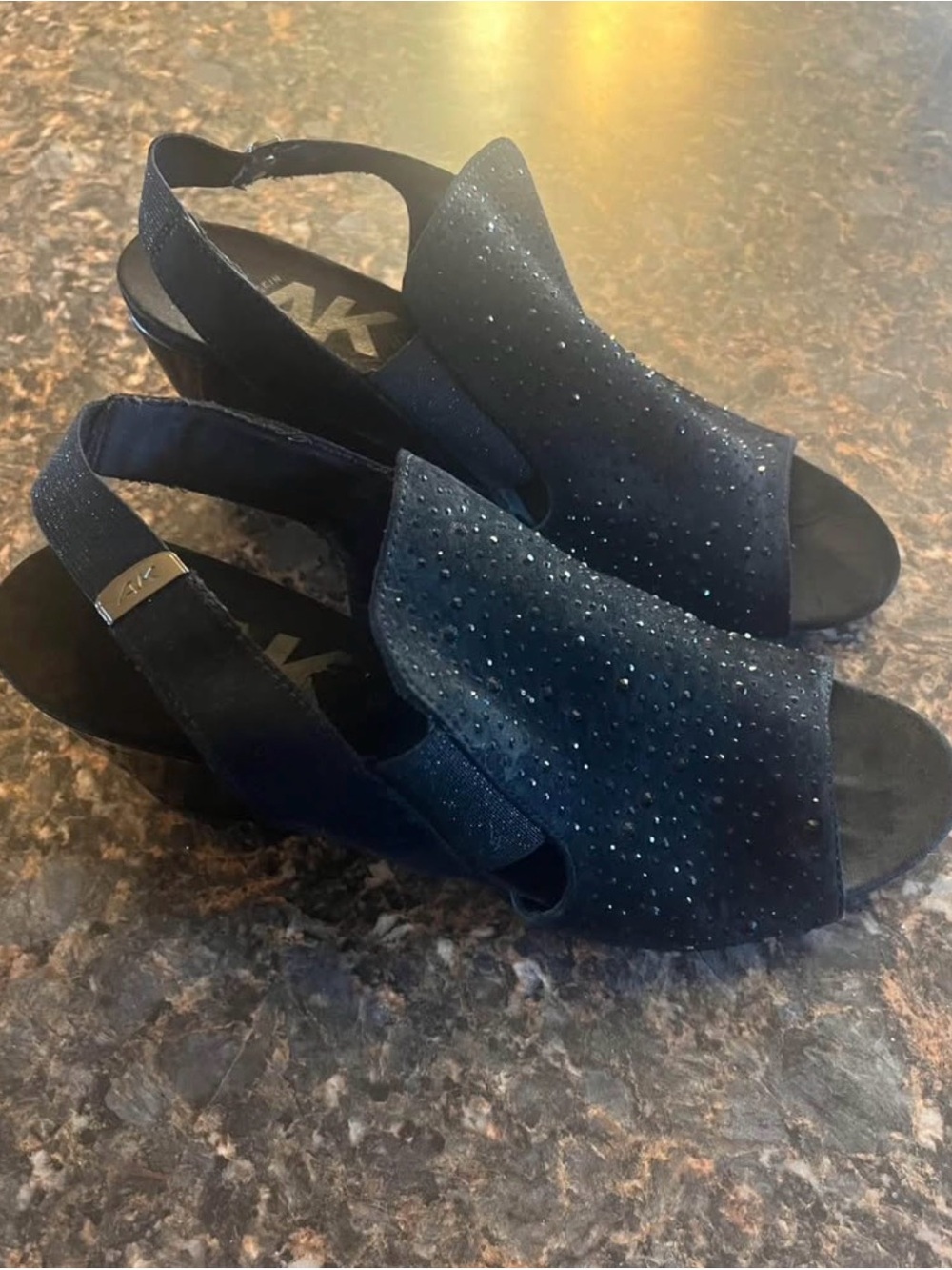 Anne Klein black Slingback Peep-Toe Mules with Sparkle Studs